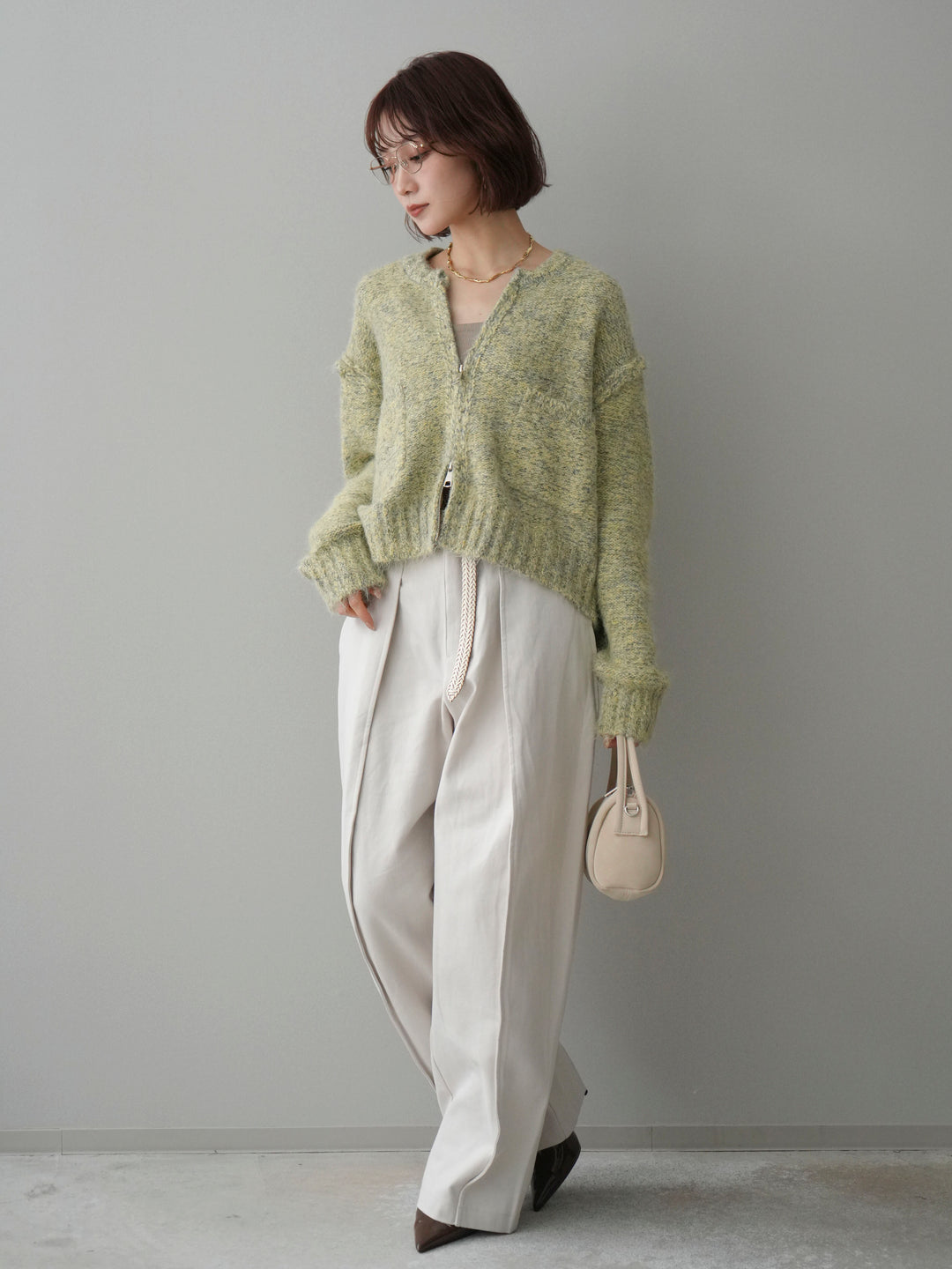 [SET]ミックスヤーンダブルZIPニットカーディガン+コットンツイルカーブパンツ(2set)