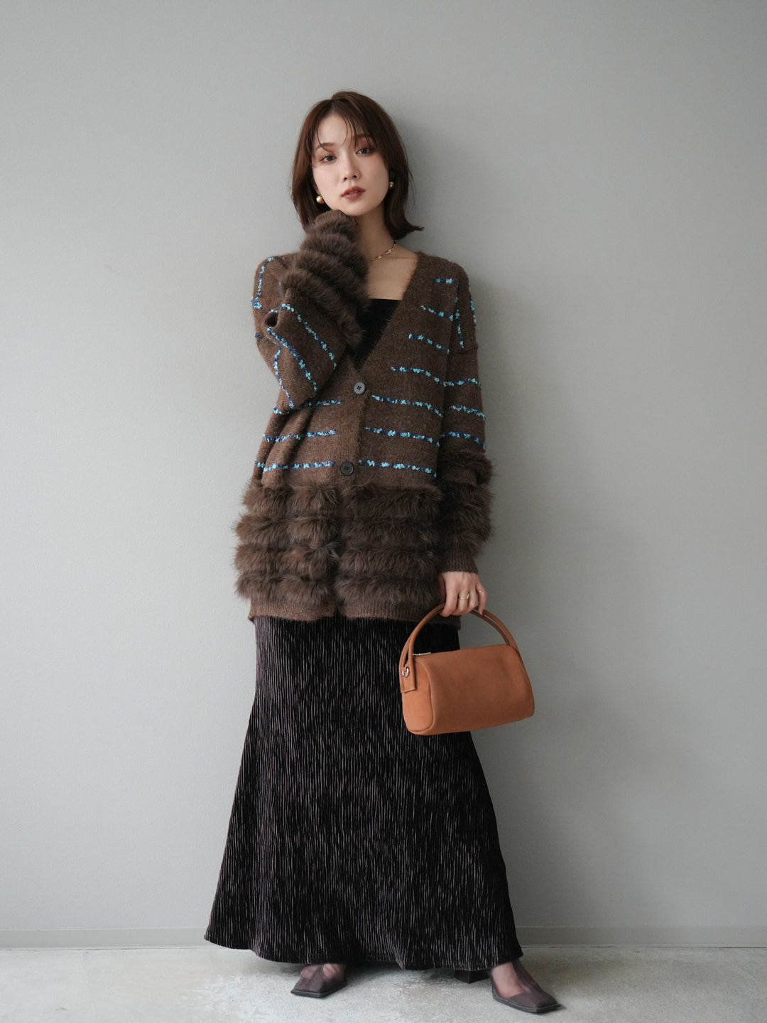 [SET]フェザーライン配色シャギーニットカーディガン+ベロアプリーツナロースカート(2set)