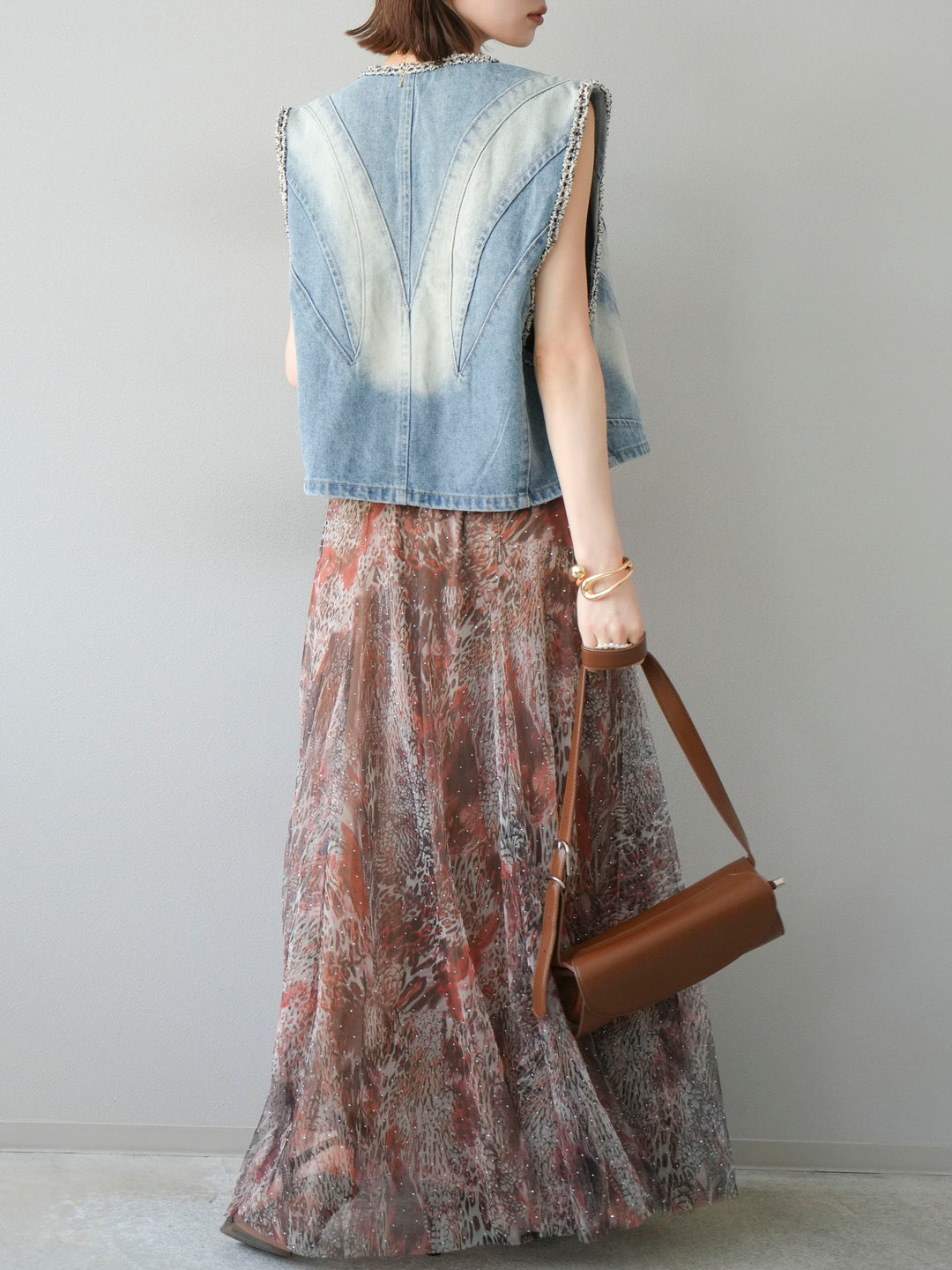 [予約]ニュアンス柄チュールレイヤードプリーツスカート/ブラウン