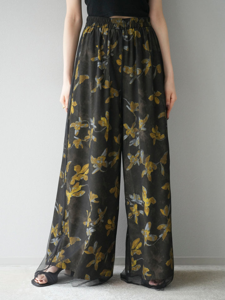 [予約]フラワープリントチュールレイヤードパンツ/ブラウン