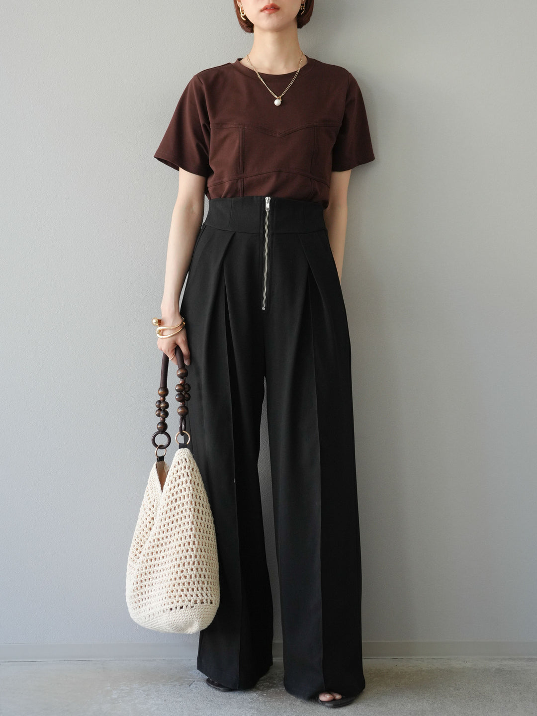 [SET]ビスチェデザインTシャツ+ジップタックワイドパンツ(2set)