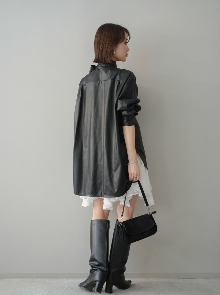 [SET]フェイクレザーボウタイブラウス+ラッフルレースミニスカート(2set)