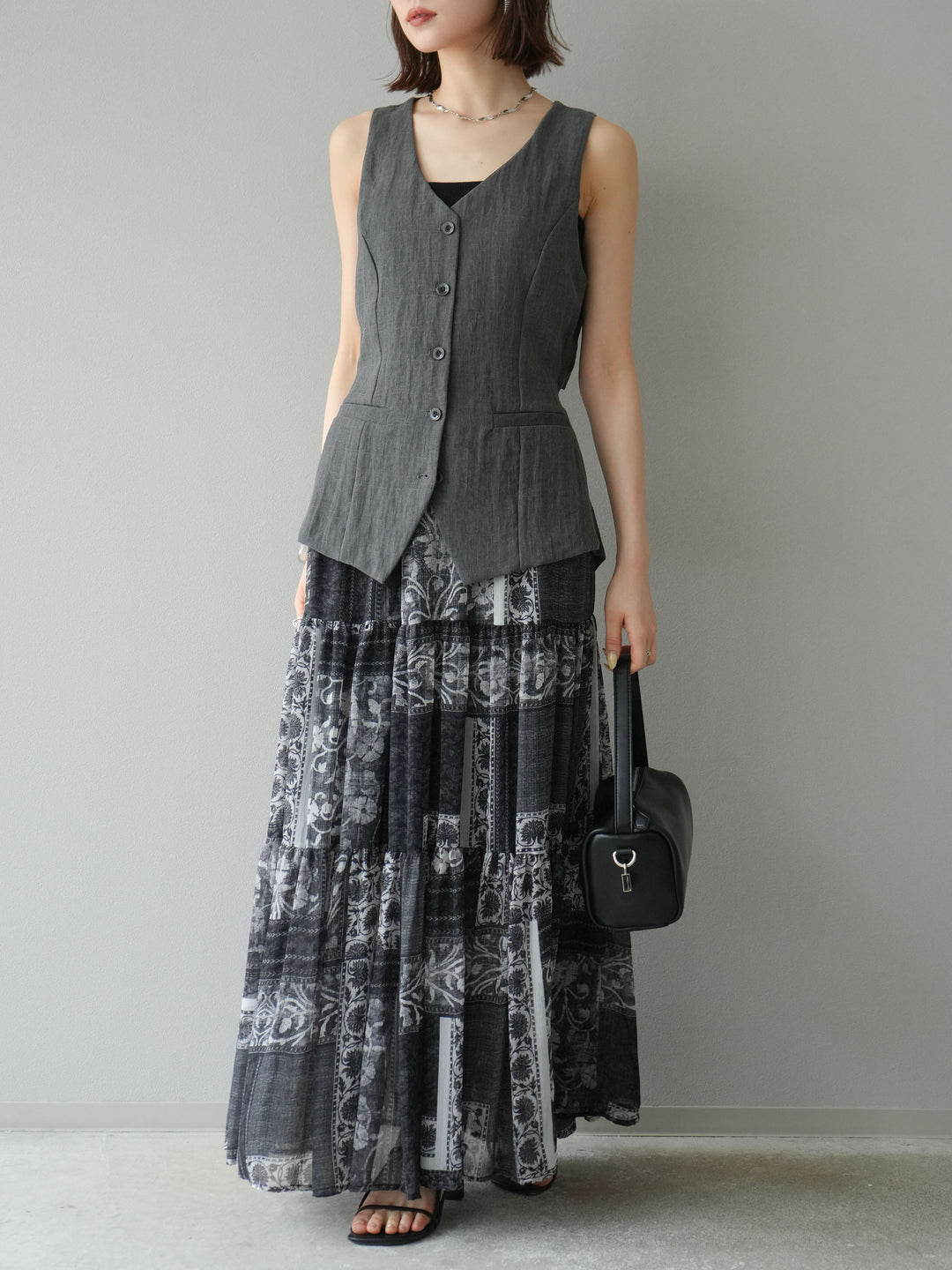 [SET]リネンタッチバックオープンベスト＆ニュアンス柄マキシスカートSET UP(2set)