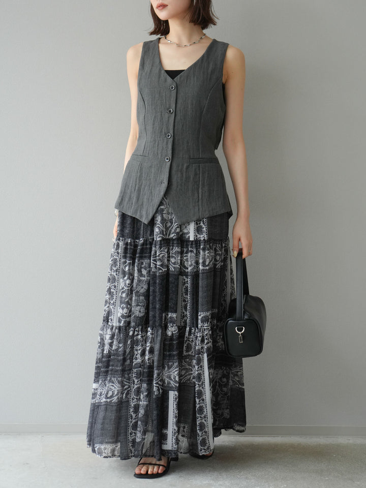 [SET]リネンタッチバックオープンベスト＆ニュアンス柄マキシスカートSET UP(2set)