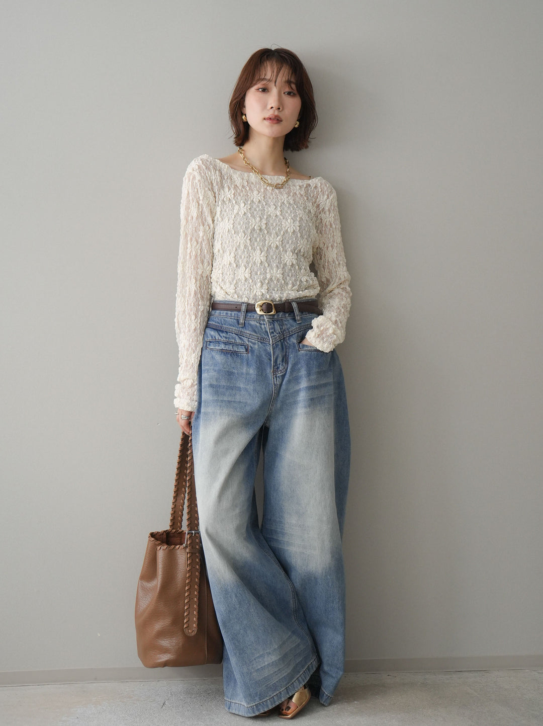 [SET]サイドギャザーレーストップス+フロントポケットサイドタックワイドデニム(2set)