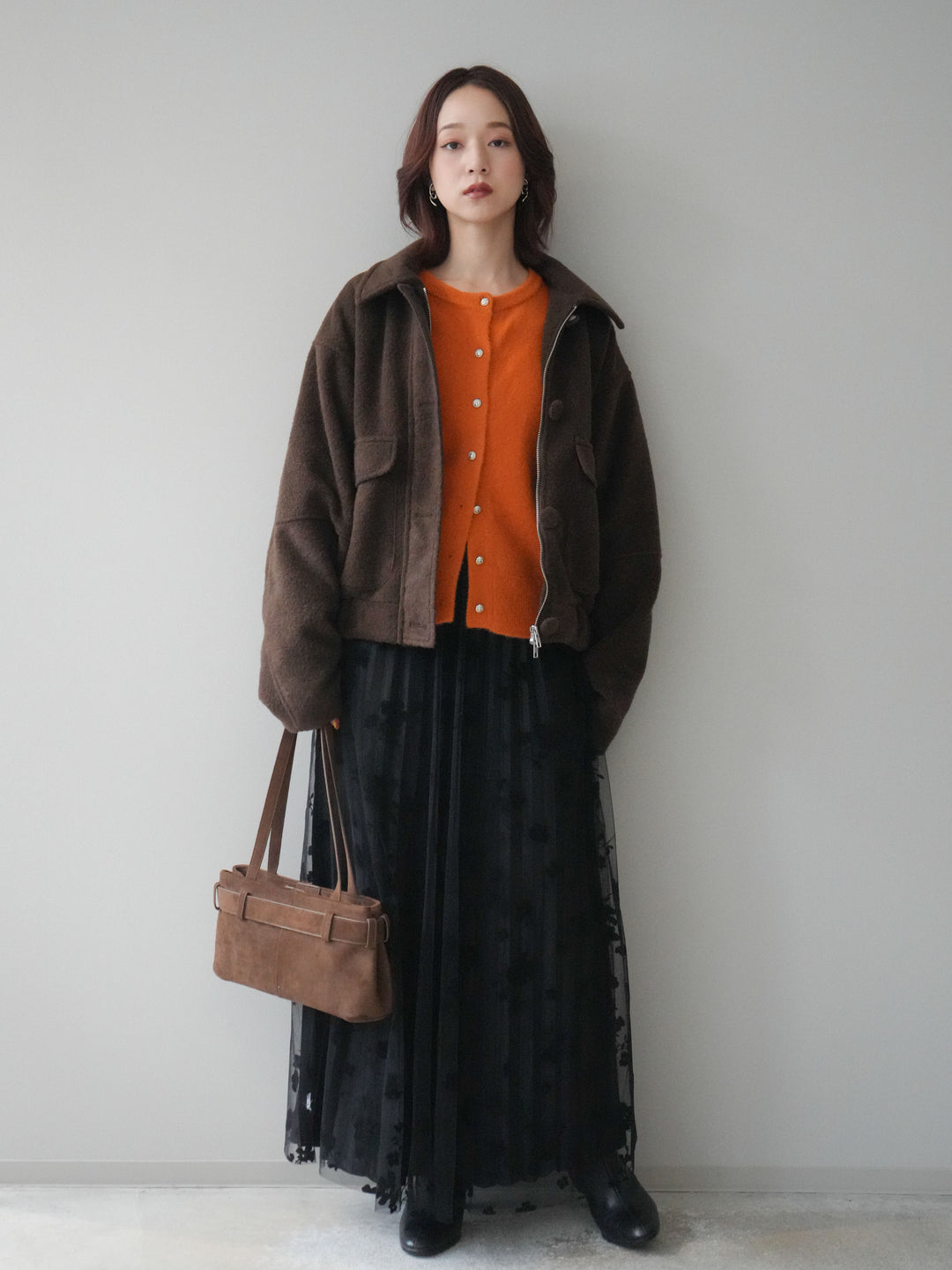 [SET]ウールライクフライトジャケット+フラワーフロッキーチュールプリーツスカート(2set)