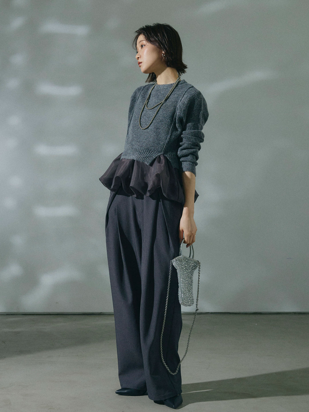 【Allure】[SET]オーガンジーバルーンキャミアンサンブルニット+アシンメトリーウエストタックパンツ(2set)