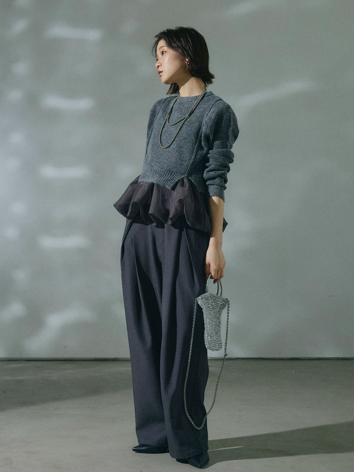 【Allure】[SET]オーガンジーバルーンキャミアンサンブルニット+アシンメトリーウエストタックパンツ(2set)