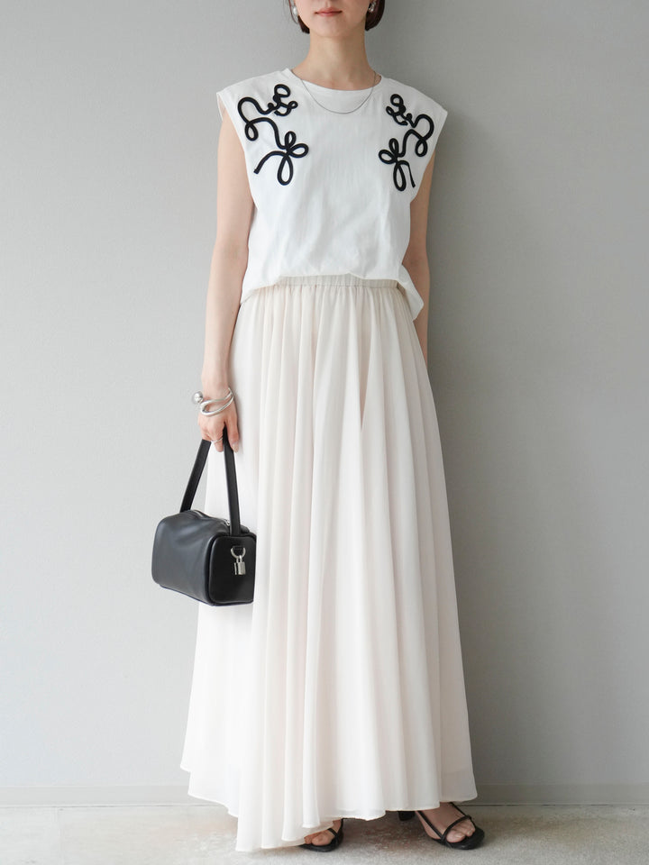[SET] 繩繡法式袖T卹+雪紡喇叭裙（2件組）
