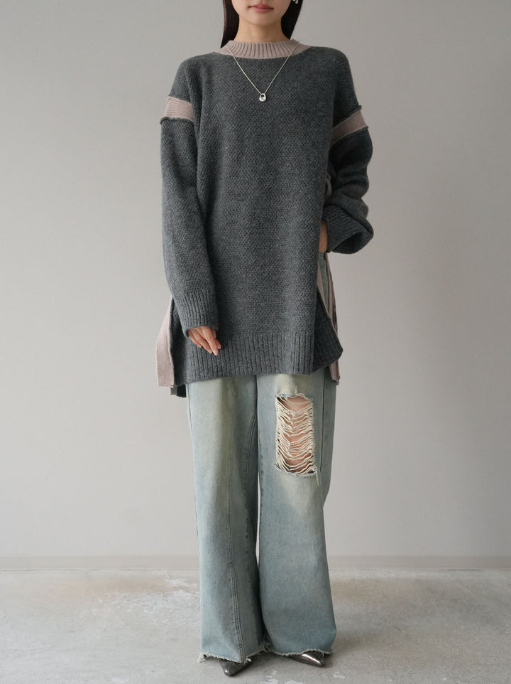 【預訂】側開衩拼色針織套頭衫/炭灰