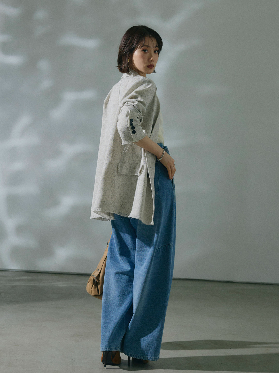 【Allure】[SET]スラブツイードフリンジテーラージャケット+ストレッチレースドレープトップス+ハイウエストベルトループデザインデニムパンツ(3set)