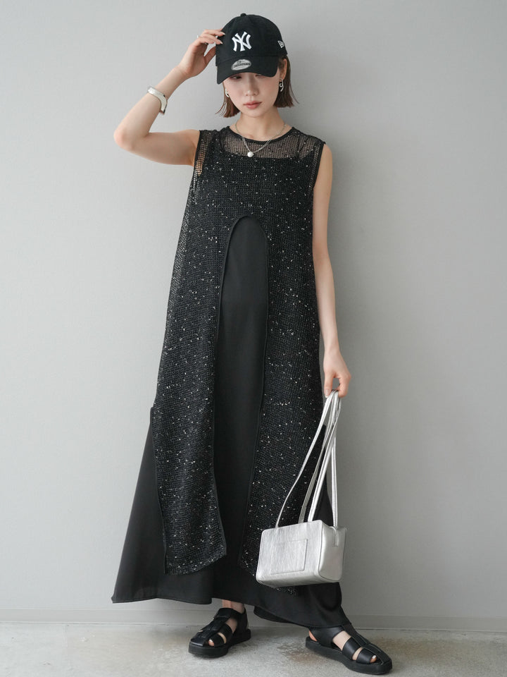 【預購】前開衩網紗連身裙/黑色