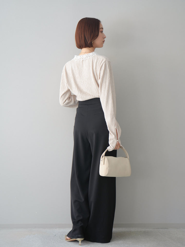 [SET]袖スリットレースカラートップス+ラッフルベルトワイドパンツ(2set)