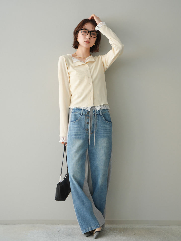 [SET]レースドッキングテレコリブカーディガン+デニム切替スウェットパンツ(2set)