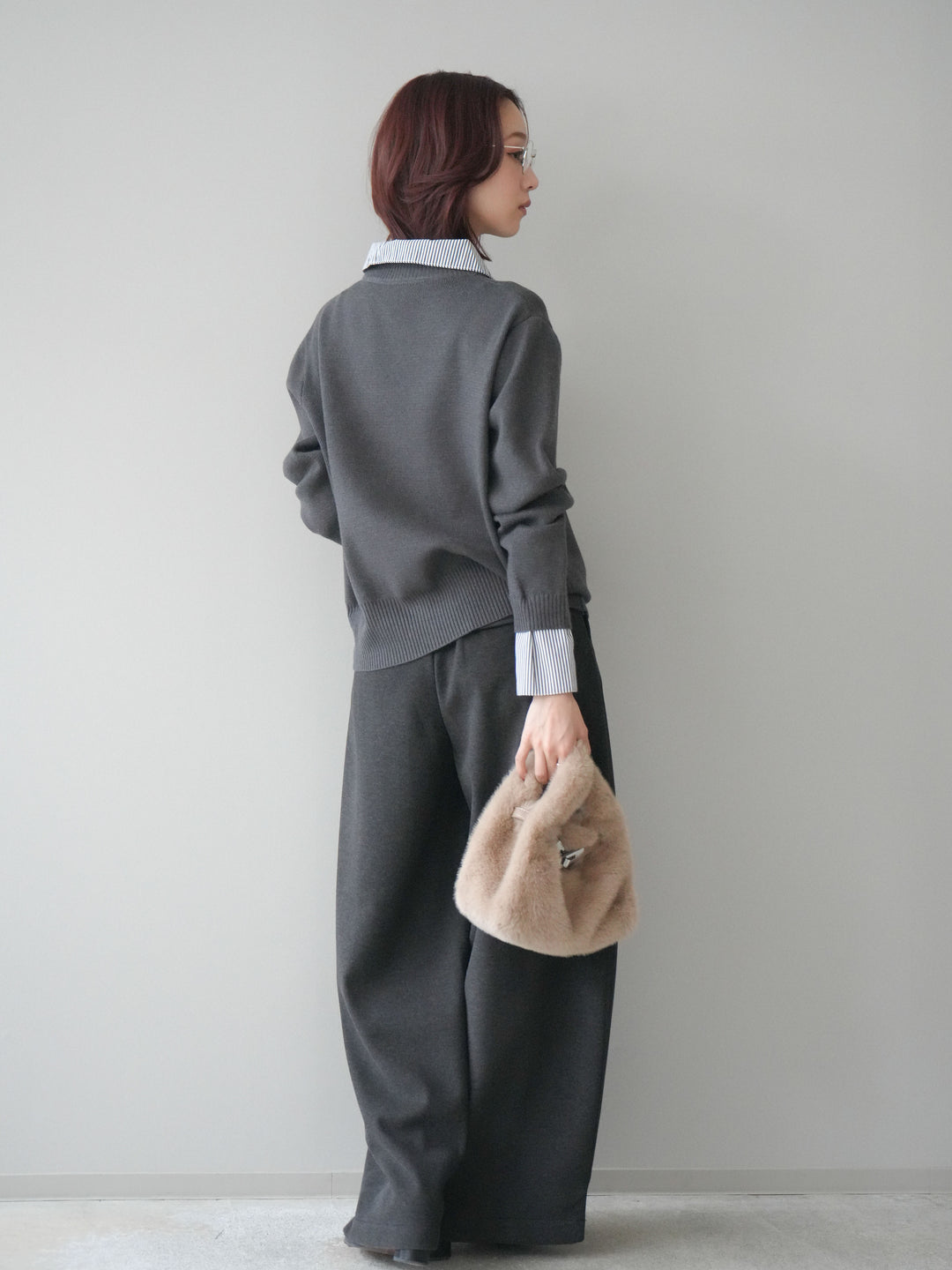 [予約]ベルト付き裏起毛ワイドパンツ/charcoal