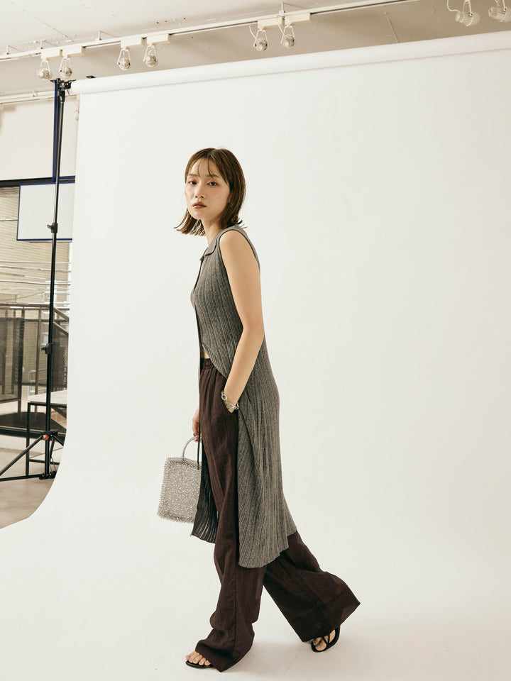 【Allure】[SET]襟付きランダムリブロングニットカーディガン+シャイニースラブシアーワイドパンツ(2set)