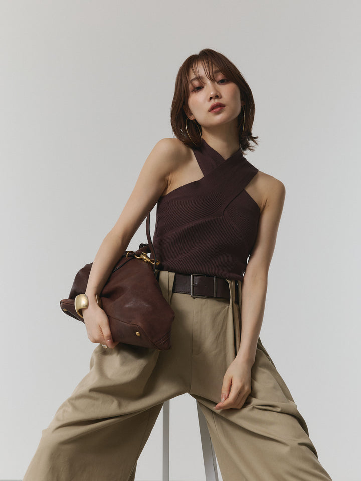 【Allure】[SET]クロスリブニットタンクトップ+ベルト付ダブルループワイドパンツ(2set)