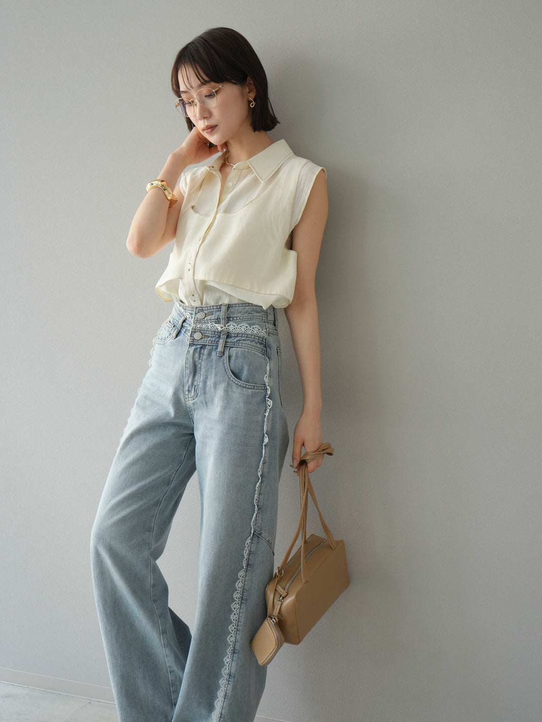 [予約]ステッチシアーレイヤードデザインブラウス/アイボリー