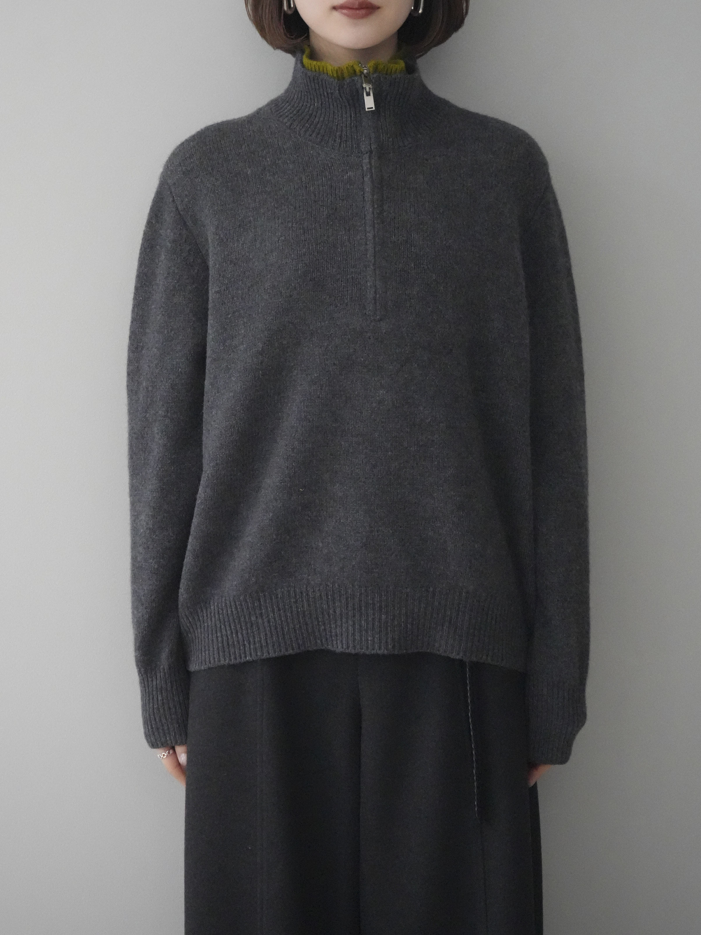予約]ウールxカシミヤハーフジップダブルネックニットプルオーバー