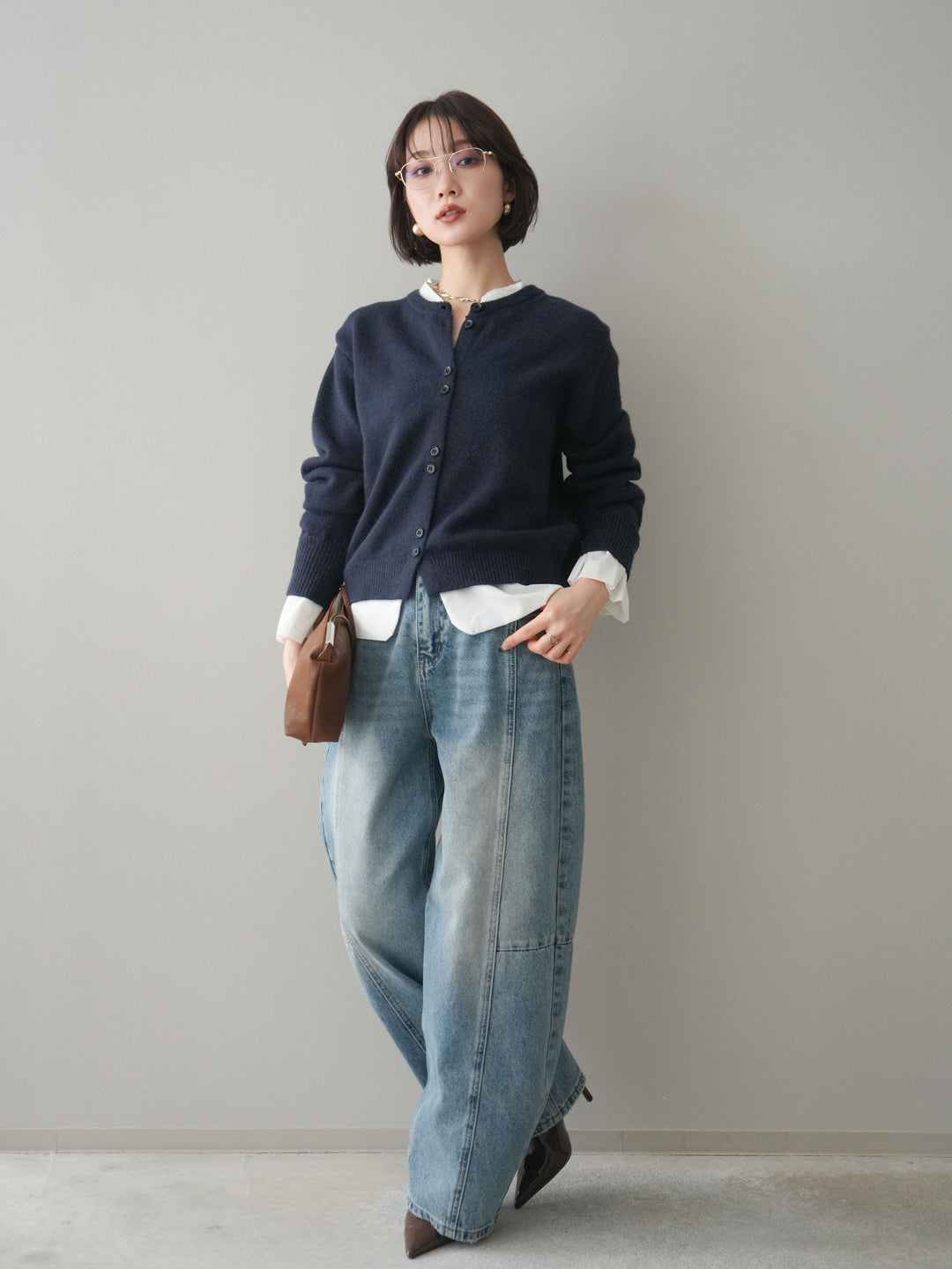 [SET]布帛ドッキングニットカーディガン+ガーメントウォッシュカーブデニムパンツ(2set)