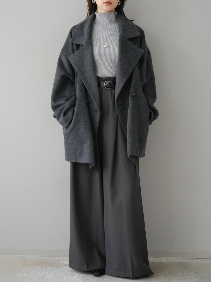 [SET]フェイクビーバーミドルコート+袖ボタンハイネックリブニットトップス+ベルト付ウールタッチワイドパンツL(3set)