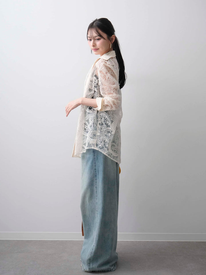 [SET]シアーペイズリー刺繍長袖ブラウス+カップ付きバッククロスキャミソール+レザーコンビストラップデニムサロペット(3set)