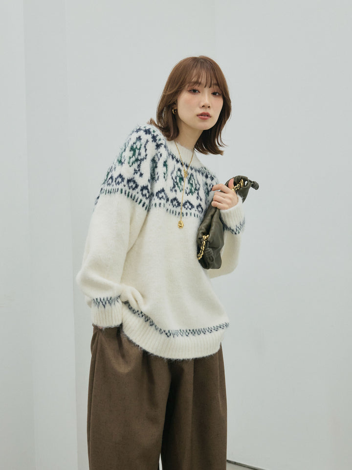 【Allure】[SET]ノルディック柄モックネックオーバニットプルオーバー+モックスカルゼサイドタックコクーンパンツ(2set)