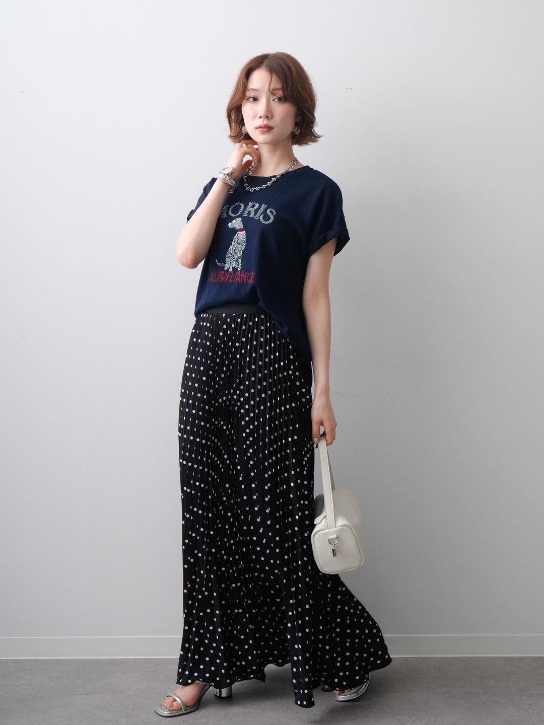 [SET]ドッグエンブロイダリーTEE+ドットアコーディオンプリーツスカート(2set)