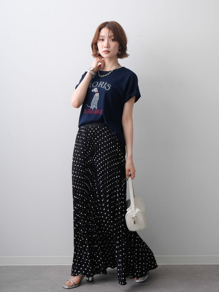 [SET]ドッグエンブロイダリーTEE+ドットアコーディオンプリーツスカート(2set)