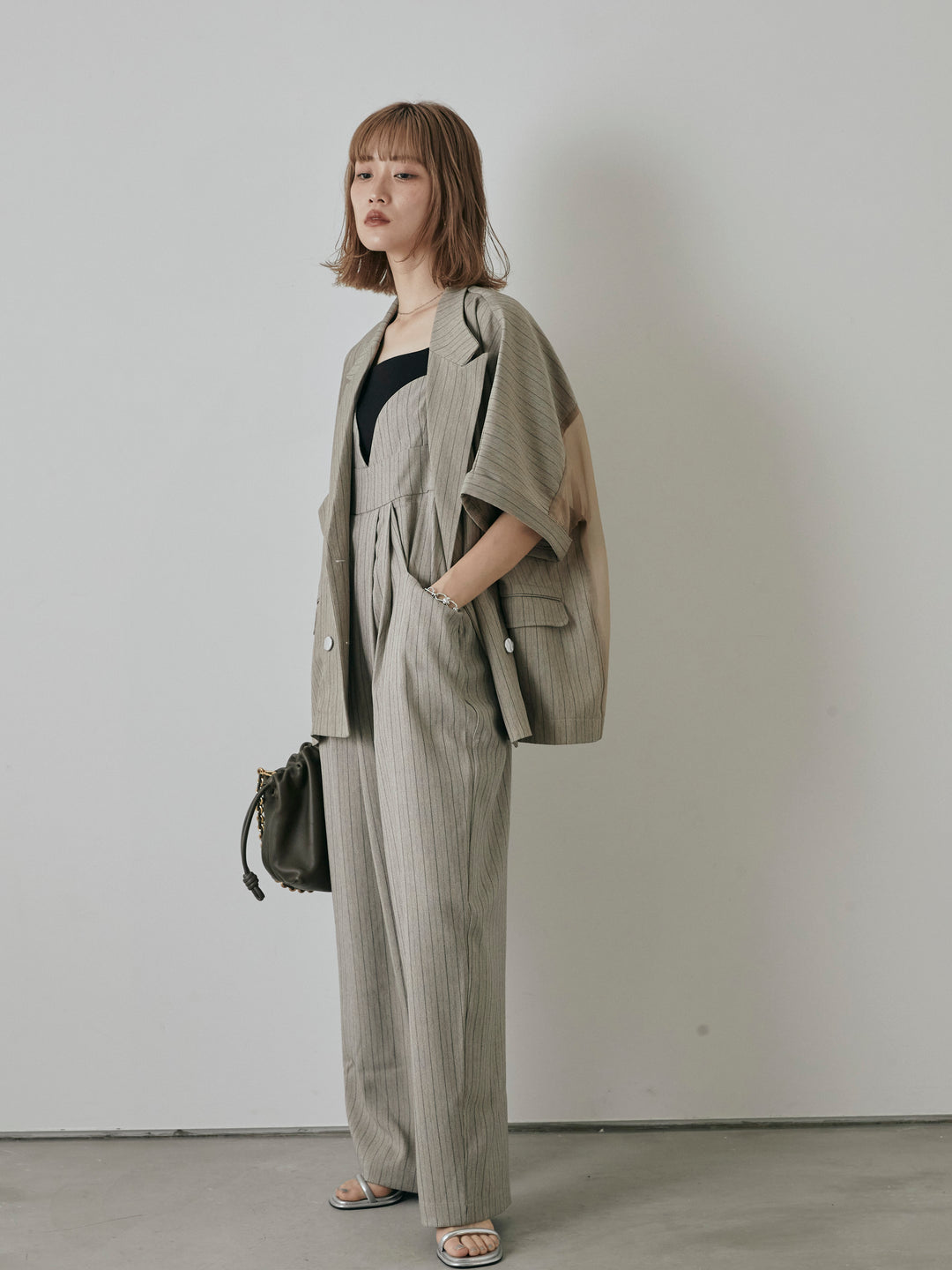 【預購】人字紋條紋工裝褲/米白色