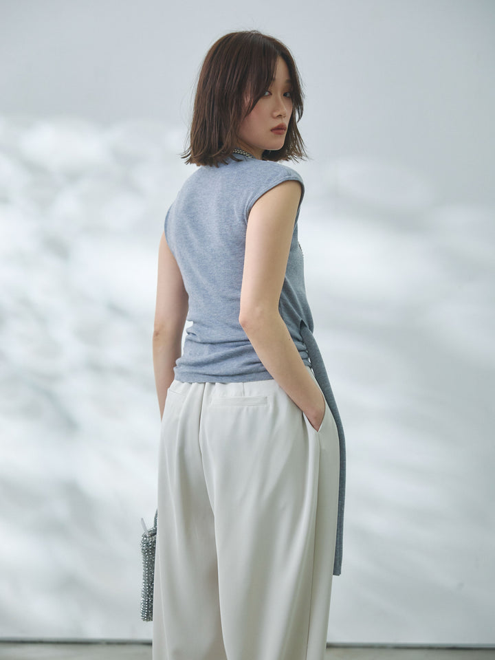 [予約]サイドベルトボトルネックノースリーブニットトップス/gray