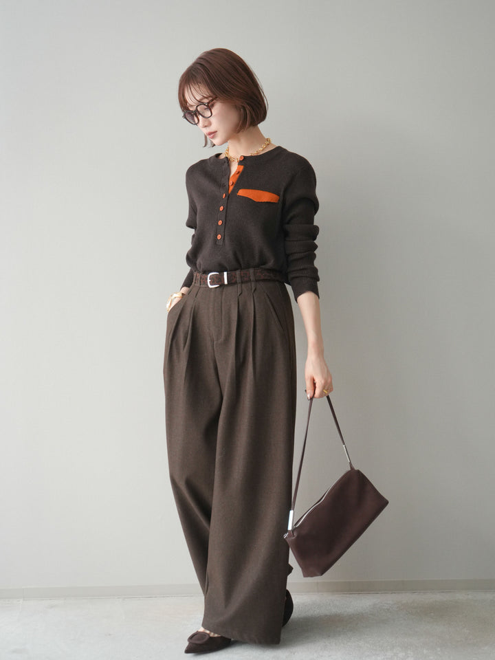 [SET]バイカラーデザインポケット配色ヘンリーネックニットソー+アニマル柄ベルト付きウールタッチワイドパンツ(2set)