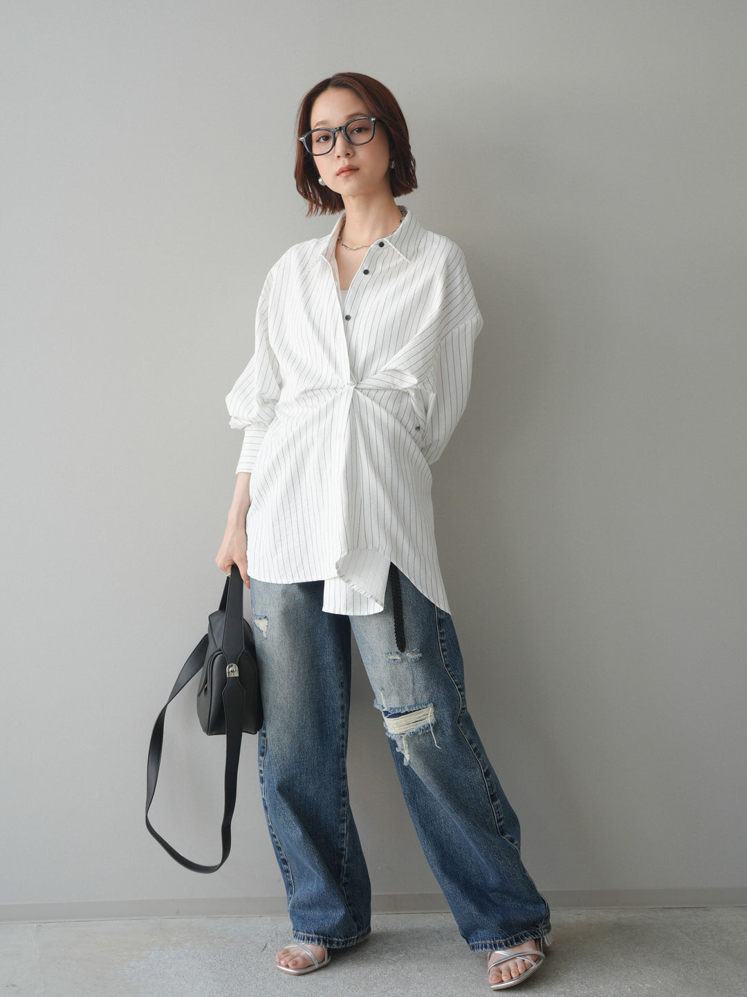 【套裝】雙向裹身條紋襯衫+破洞牛仔半闊腿褲（兩件套）