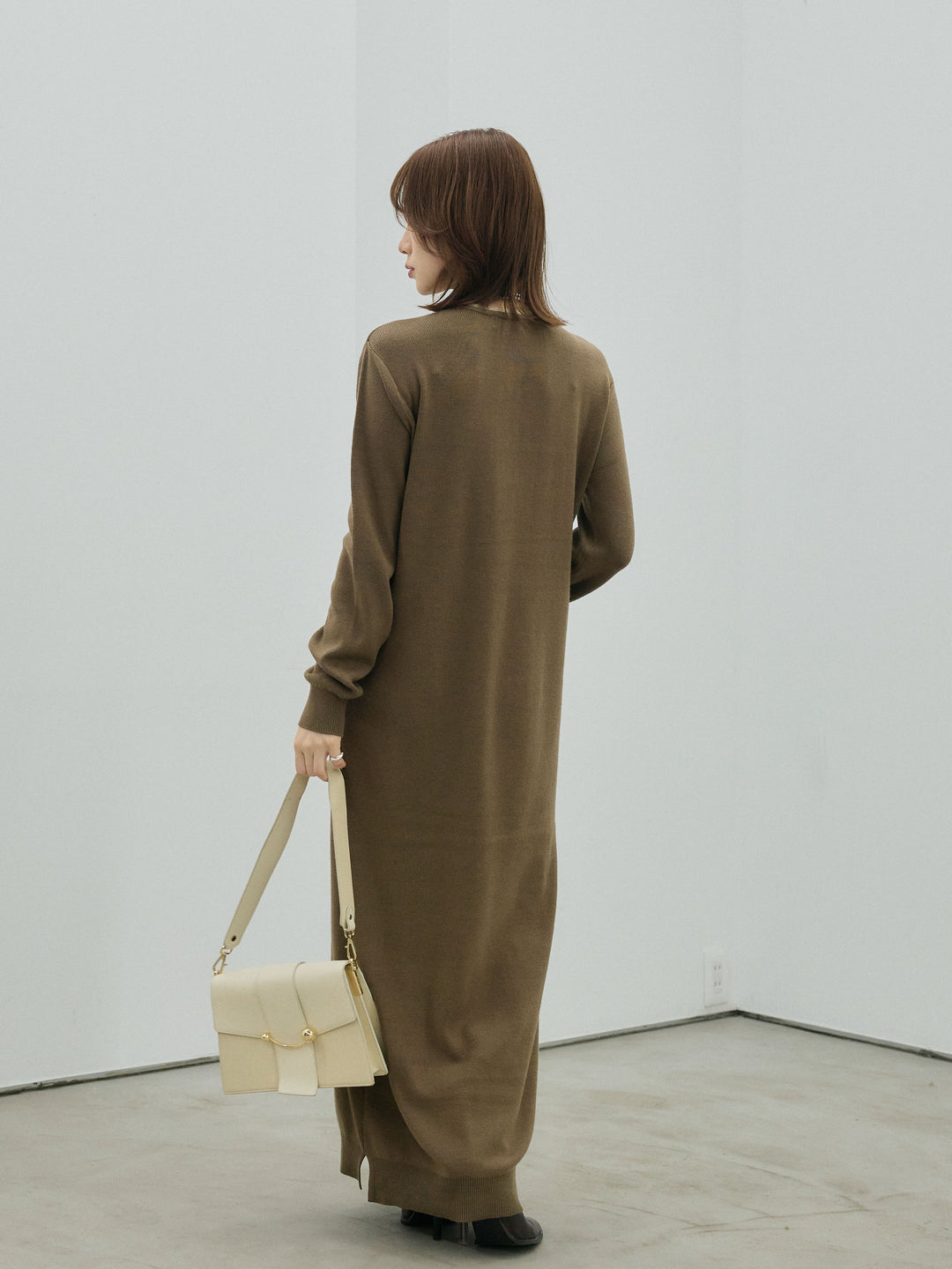 [予約]ヘンリーネックレイヤードニットワンピース/khaki
