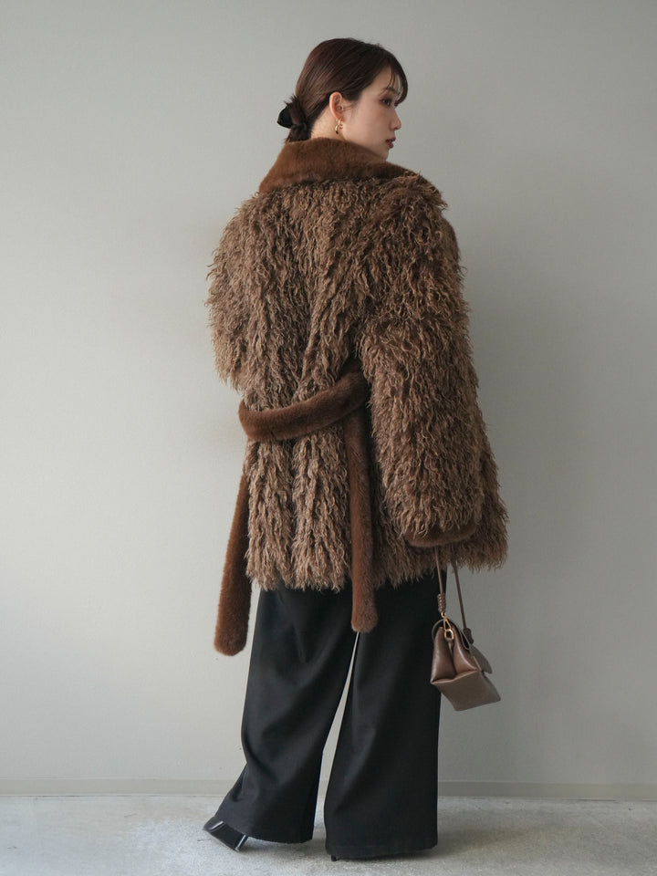 [予約]異素材ファー×ムートンコート/brown