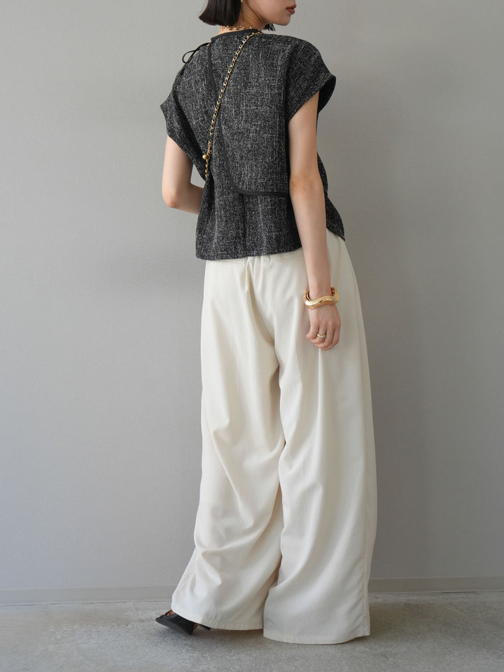[SET]サマーツイードケープデザインプルオーバー+クレープシフォンタックワイドパンツ(2set)