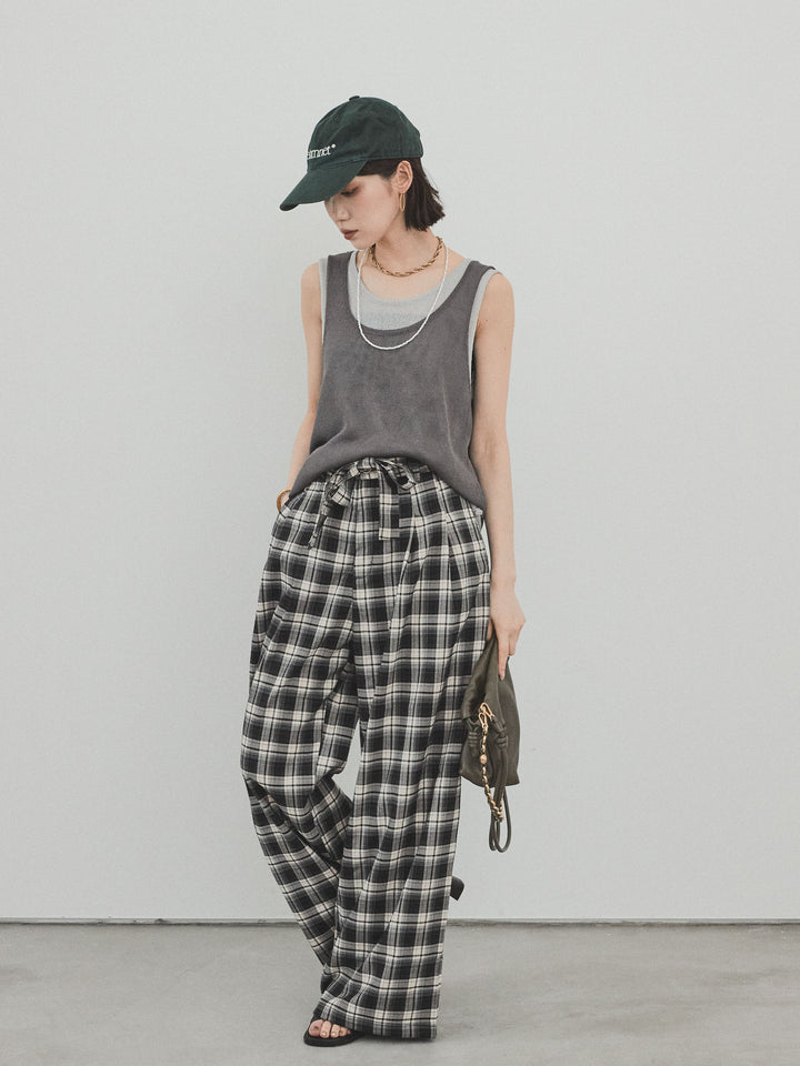 【SET】雙色疊穿針織背心+格紋寬褲（2套）