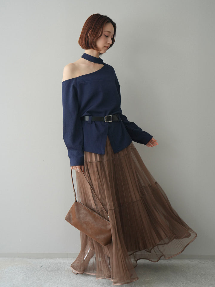 [SET]ベルト付ワンショルダースリットブラウス+ラメプリーツレイヤードチュールロングスカート(2set)