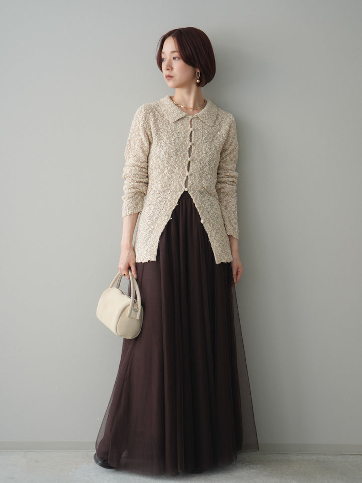 [予約]透かし編みブークレポロニットトップス/beige