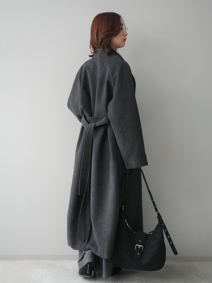 [SET]ハンドステッチ裏中綿ロングコート+モヘア衿付きボタンプルオーバー+テープベルトタックバギーパンツ(3set)