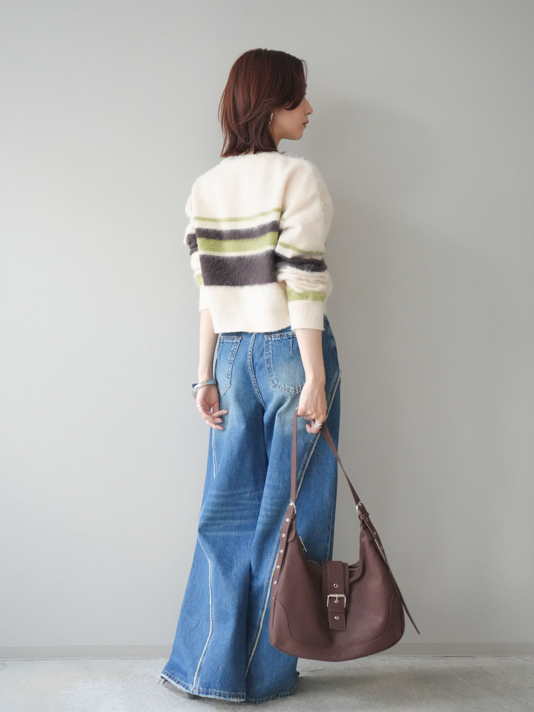 [SET]ソフトタッチボーダークロップドニットプルオーバー+サイドフリンジワイドデニムパンツ(2set)