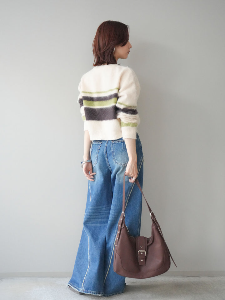 [SET]ソフトタッチボーダークロップドニットプルオーバー+サイドフリンジワイドデニムパンツ(2set)