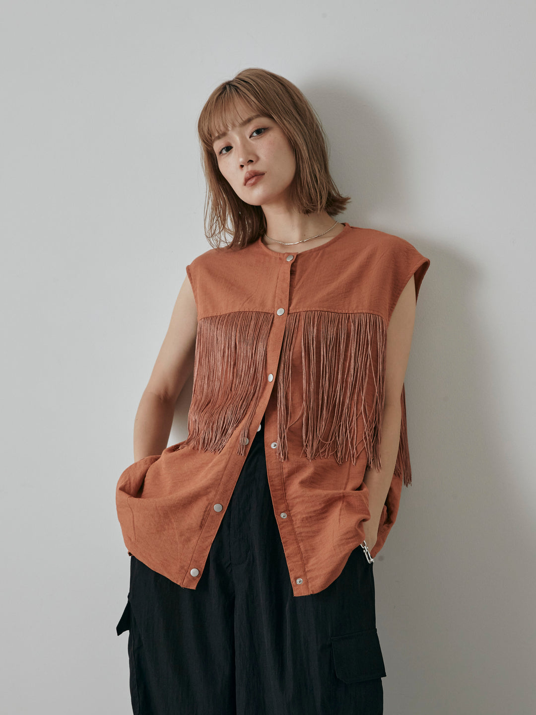 【預購】流蘇無袖上衣/摩卡色