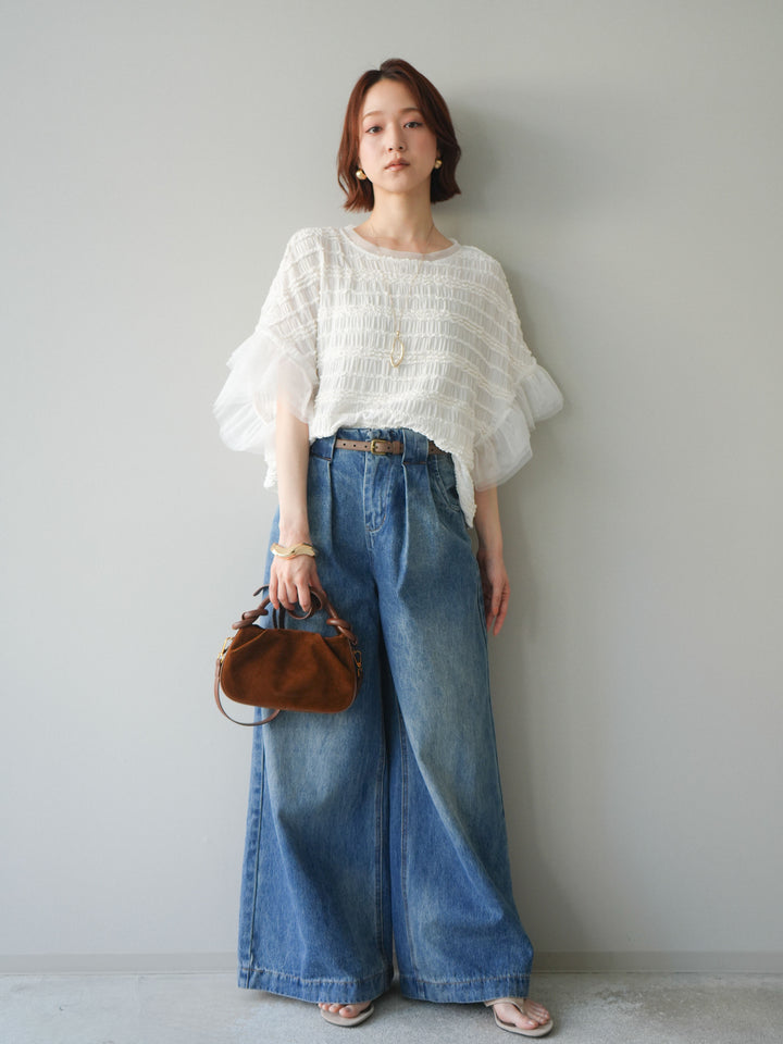 [予約]チュール袖リップルトップス/white