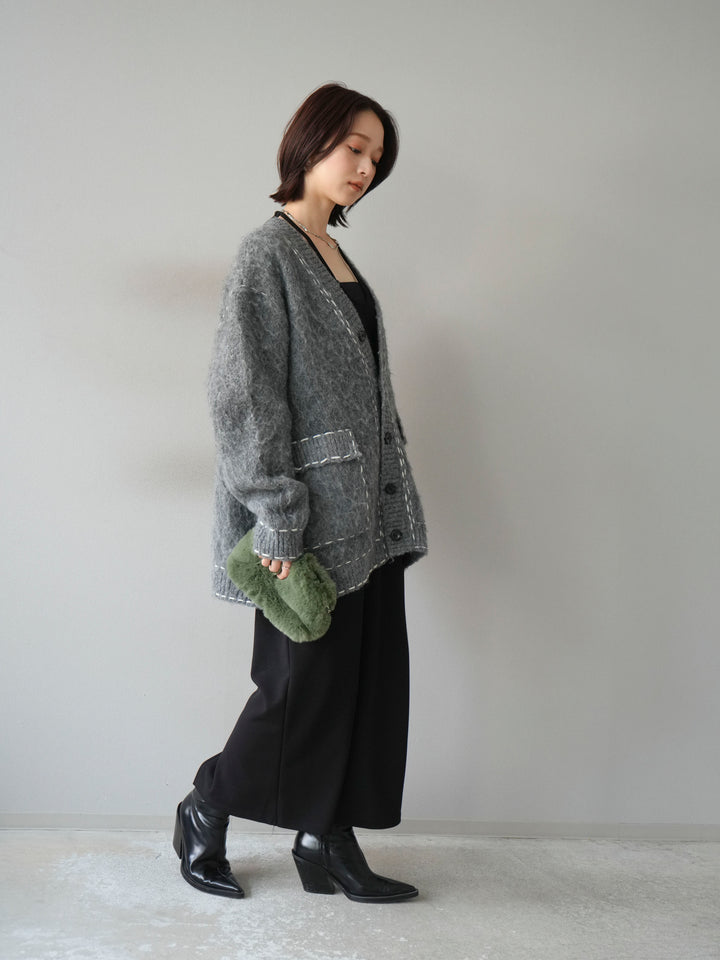 [予約]ステッチVネックニットカーディガン/グレー