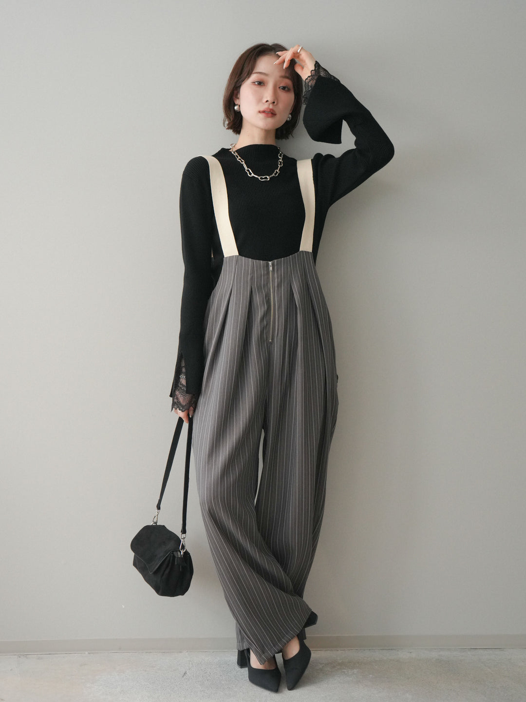 [SET]袖スカラップレースオフネックニットトップス+グログランテープストライプサロペット(2set)