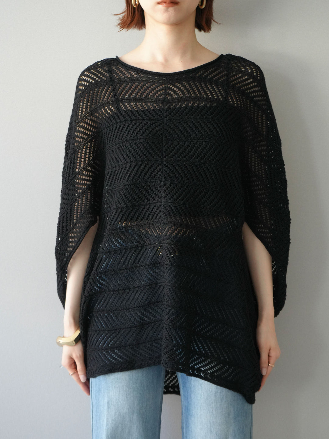 [予約]シアーポンチョニットトップス/black