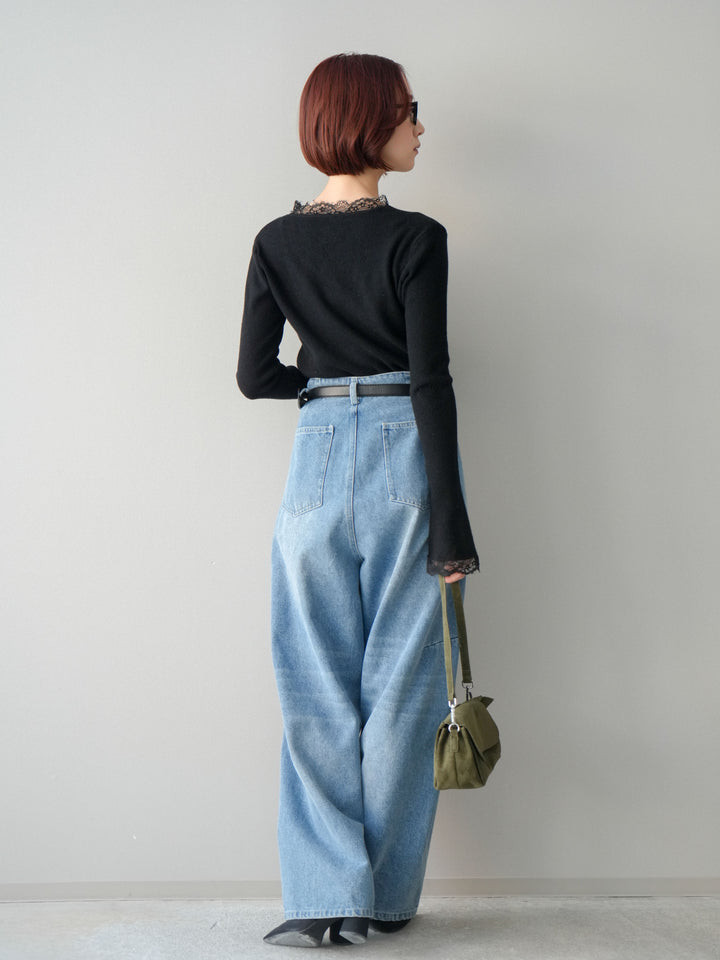 [SET]レースドッキングVネックニットトップス+ハイウエストベルトループデザインデニムパンツ(2set)