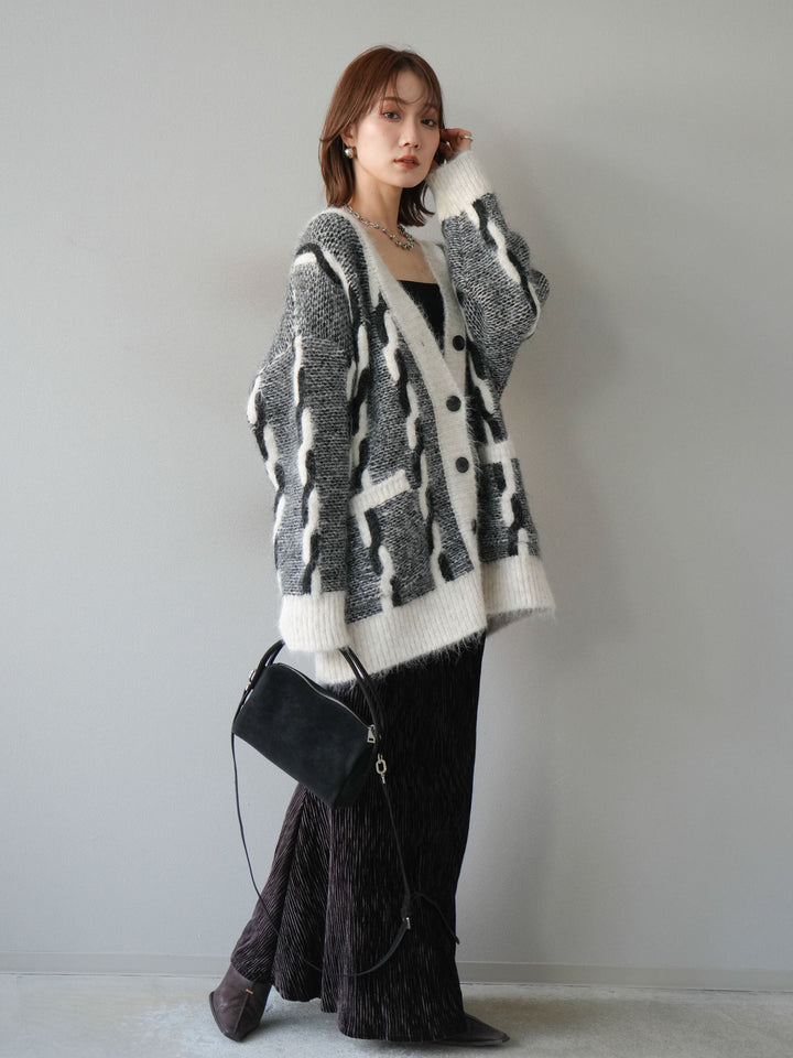 [SET]バイカラー編み込みデザインニットカーディガン+ベロアプリーツナロースカート(2set)