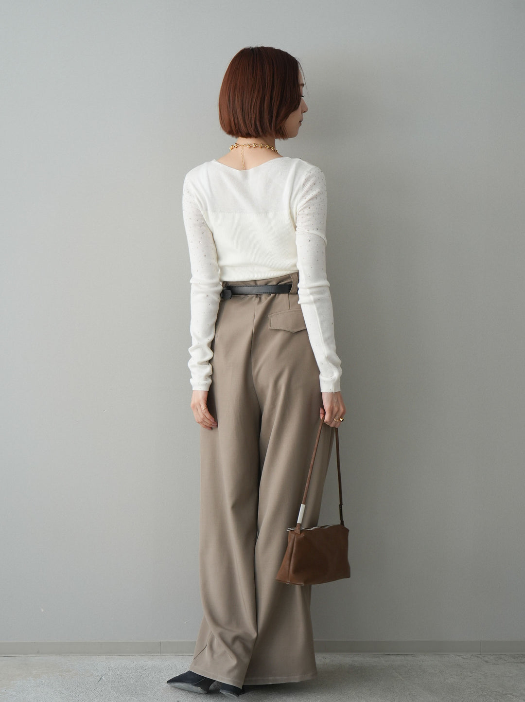 [SET]スパンコールシアーニットトップス+ベルト付キーホルダーモチーフワイドパンツ(2set)